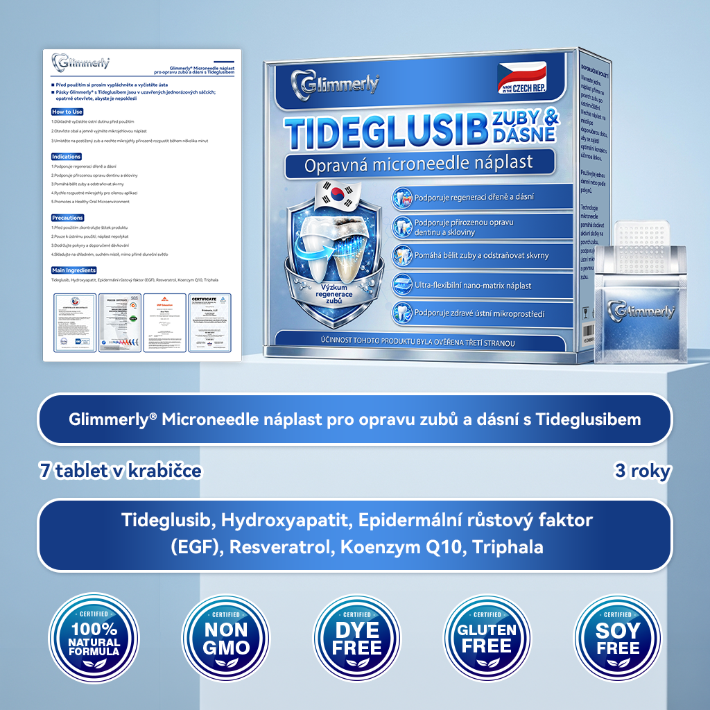🦷Glimmerly® Microneedle naplast pro opravu zubi a dasni s Tideglusibem  |Pokročilé zubní pásky s aktivací kmenových buněk (obnovuje sklovinu a dentin • posiluje dásně • odstraňuje plak a zápach • zastavuje citlivost zubů) 3.0
